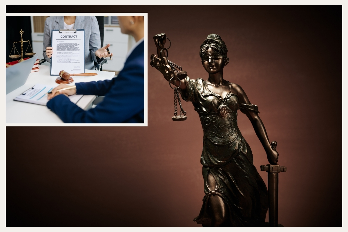 Statua Justicije i sudijski čekić pored ugovora