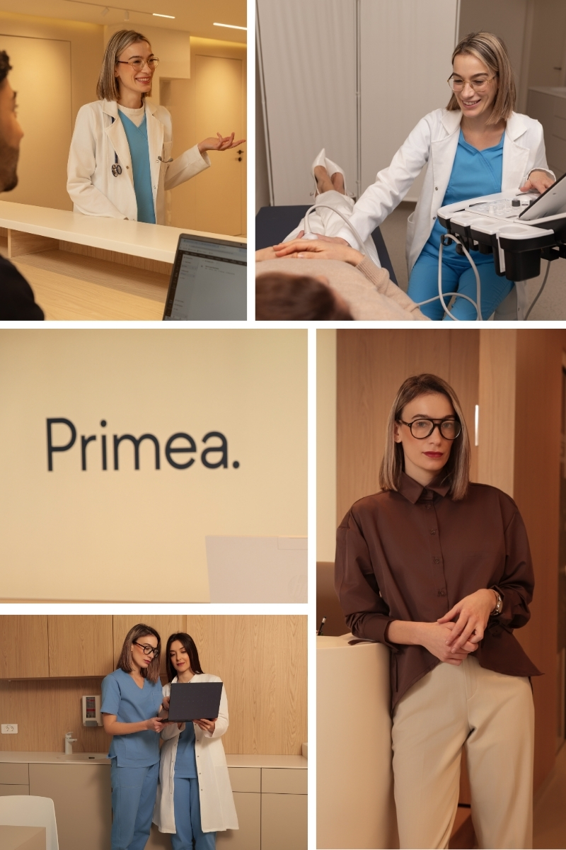 Kolaž fotografija Primea poliklinike koji prikazuje moderan enterijer, ordinacije, medicinsku opremu i ambijent namenjen pružanju personalizovane zdravstvene zaštite pacijentima.